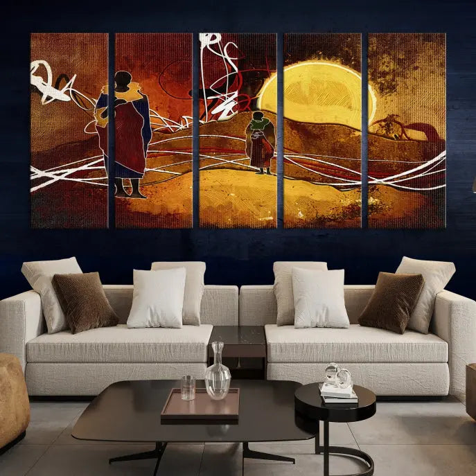 African Abstract Canvas Wall Art Print features a triptych painting of silhouettes on a warm landscape with abstract lines and a large sun. It is mounted on museum-quality canvas with a UV-protective coating.