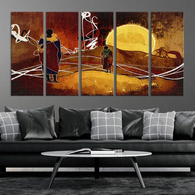 African Abstract Canvas Wall Art Print features a triptych painting of silhouettes on a warm landscape with abstract lines and a large sun. It is mounted on museum-quality canvas with a UV-protective coating.