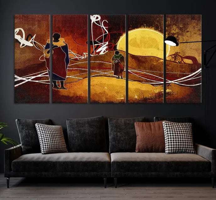 African Abstract Canvas Wall Art Print features a triptych painting of silhouettes on a warm landscape with abstract lines and a large sun. It is mounted on museum-quality canvas with a UV-protective coating.