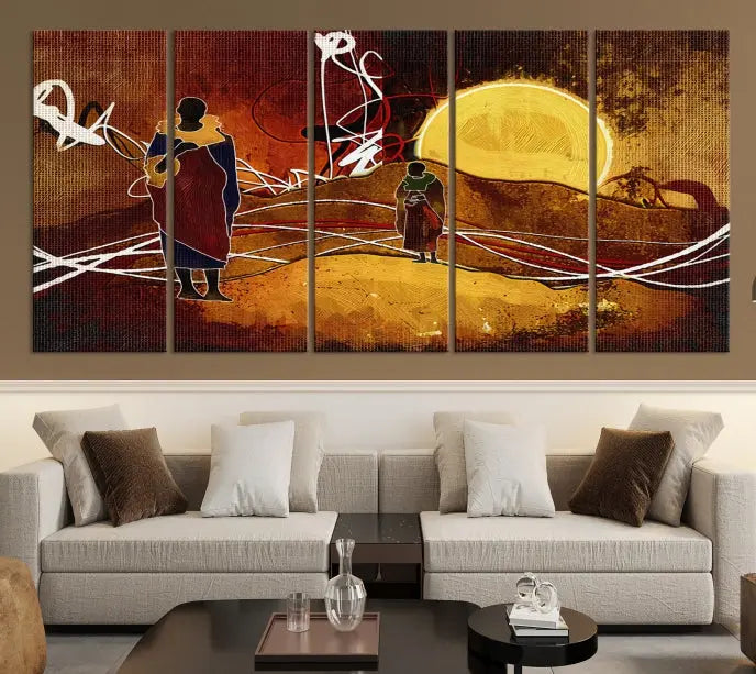 African Abstract Canvas Wall Art Print features a triptych painting of silhouettes on a warm landscape with abstract lines and a large sun. It is mounted on museum-quality canvas with a UV-protective coating.