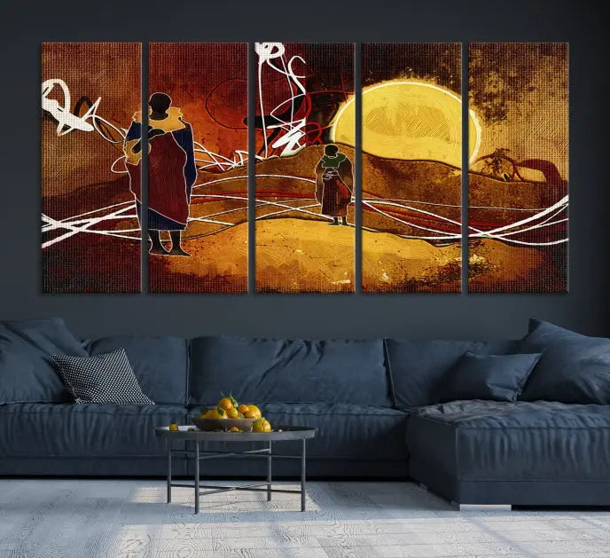 African Abstract Canvas Wall Art Print features a triptych painting of silhouettes on a warm landscape with abstract lines and a large sun. It is mounted on museum-quality canvas with a UV-protective coating.