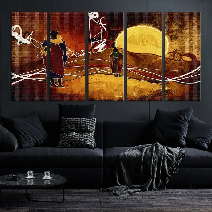 African Abstract Canvas Wall Art Print features a triptych painting of silhouettes on a warm landscape with abstract lines and a large sun. It is mounted on museum-quality canvas with a UV-protective coating.