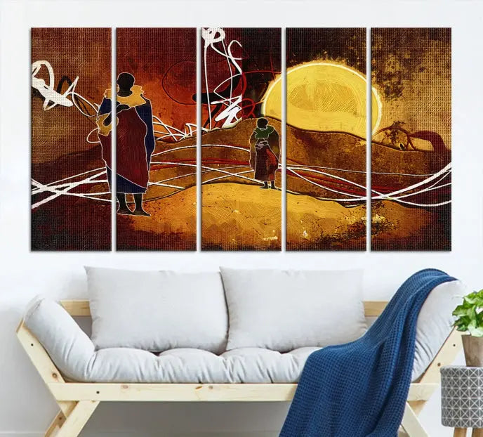 African Abstract Canvas Wall Art Print features a triptych painting of silhouettes on a warm landscape with abstract lines and a large sun. It is mounted on museum-quality canvas with a UV-protective coating.