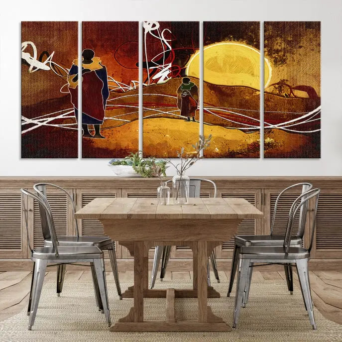 African Abstract Canvas Wall Art Print features a triptych painting of silhouettes on a warm landscape with abstract lines and a large sun. It is mounted on museum-quality canvas with a UV-protective coating.