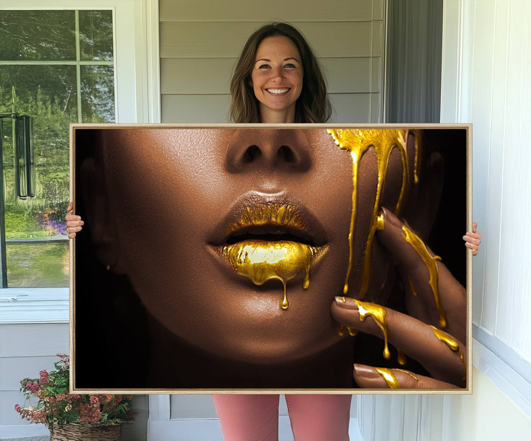 African American Art Black Woman Canvas Print, African Wall Art, Fashion African Woman Gold Lips Luxury Wall Decor, Black Gold Large Canvas