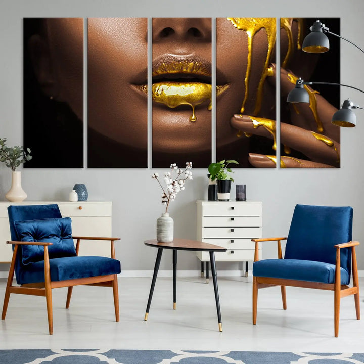 A triptych art display of the African American Art Black Woman Canvas Print, featuring gold-painted lips inspired by fashion and luxury, is elegantly arranged.