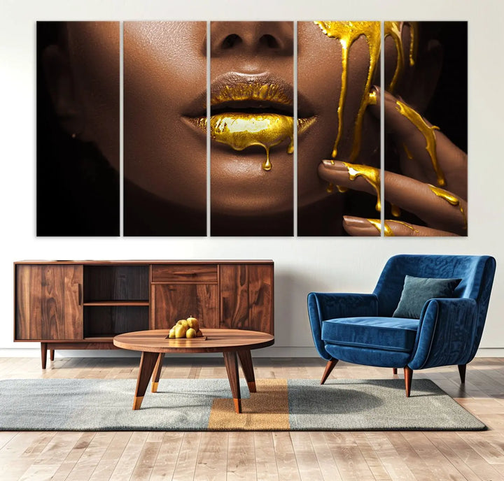 A triptych art display of the African American Art Black Woman Canvas Print, featuring gold-painted lips inspired by fashion and luxury, is elegantly arranged.