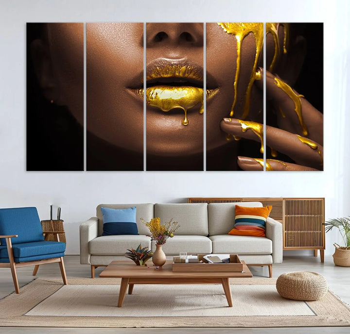 A triptych art display of the African American Art Black Woman Canvas Print, featuring gold-painted lips inspired by fashion and luxury, is elegantly arranged.