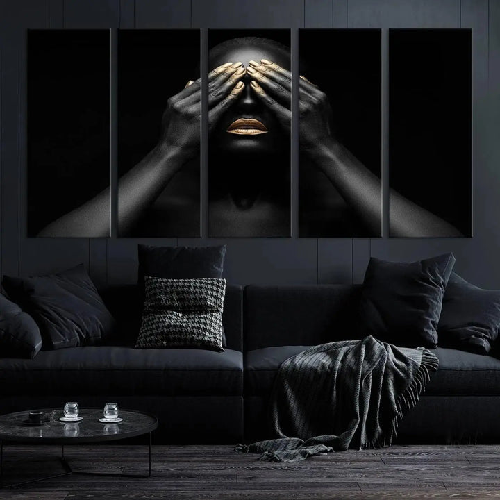 The African American Art Black and White Canvas Wall Art Gold Lips Art is a striking triptych featuring a woman with gold lips and nails covering her eyes.