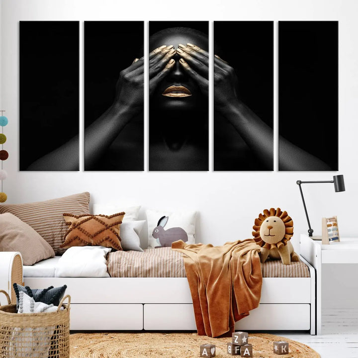 The African American Art Black and White Canvas Wall Art Gold Lips Art is a striking triptych featuring a woman with gold lips and nails covering her eyes.