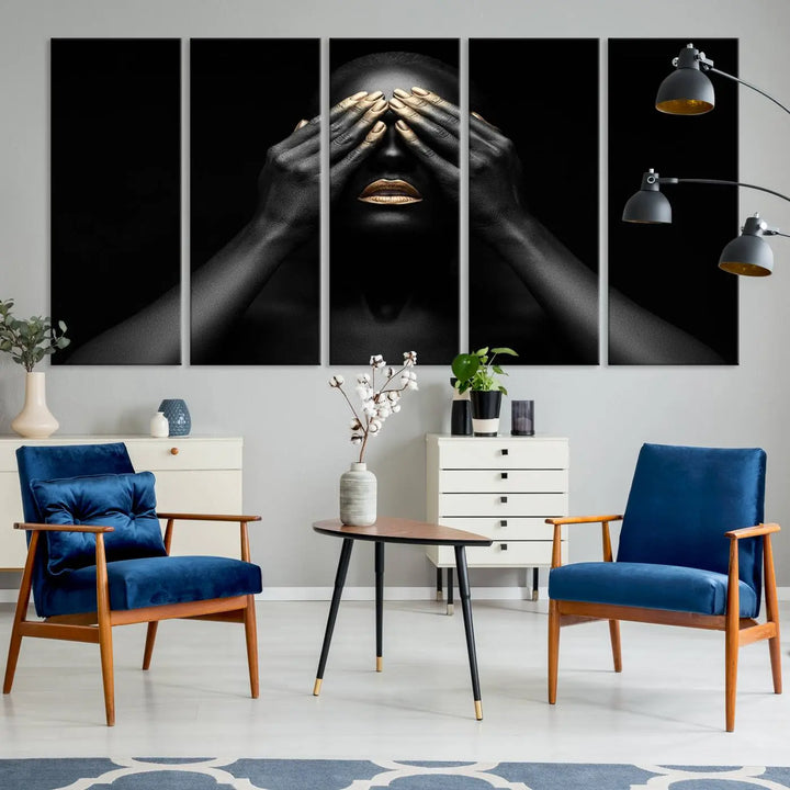 The African American Art Black and White Canvas Wall Art Gold Lips Art is a striking triptych featuring a woman with gold lips and nails covering her eyes.