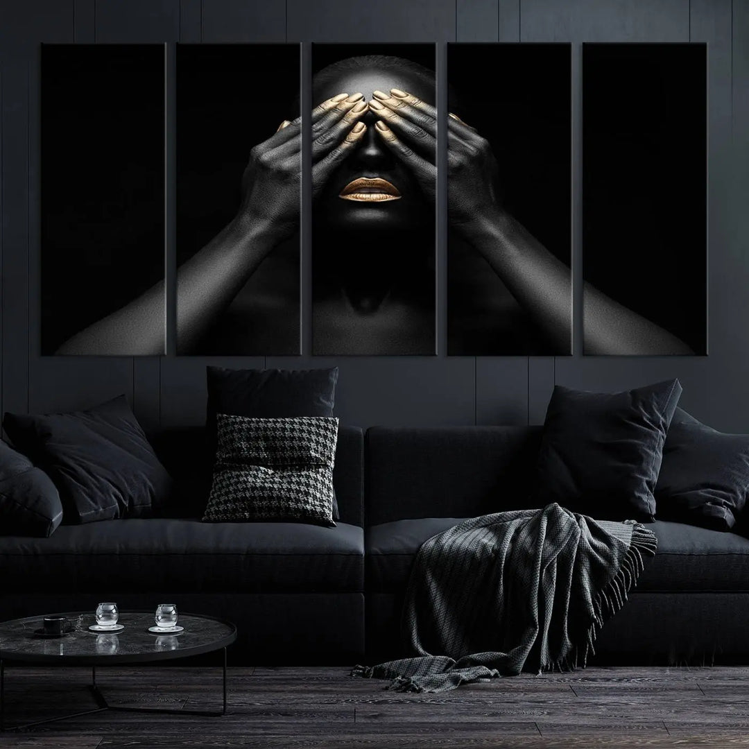 The African American Art Black and White Canvas Wall Art Gold Lips Art is a striking triptych featuring a woman with gold lips and nails covering her eyes.