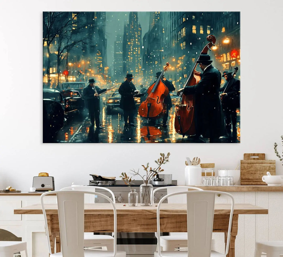 The African American Jazz Art Print portrays street musicians playing in the rain at night.