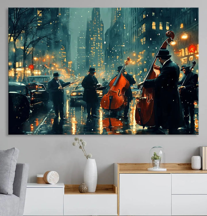 The African American Jazz Art Print portrays street musicians playing in the rain at night.