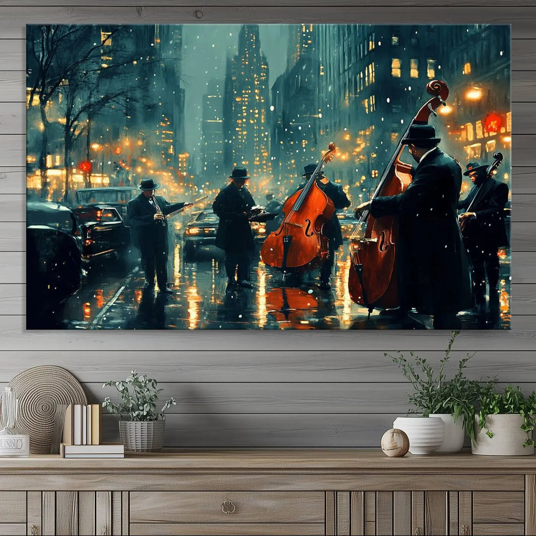 The African American Jazz Art Print portrays street musicians playing in the rain at night.