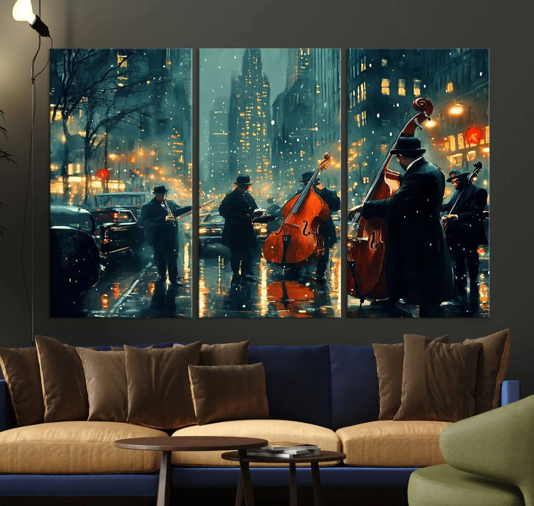 The African American Jazz Art Print portrays street musicians playing in the rain at night.