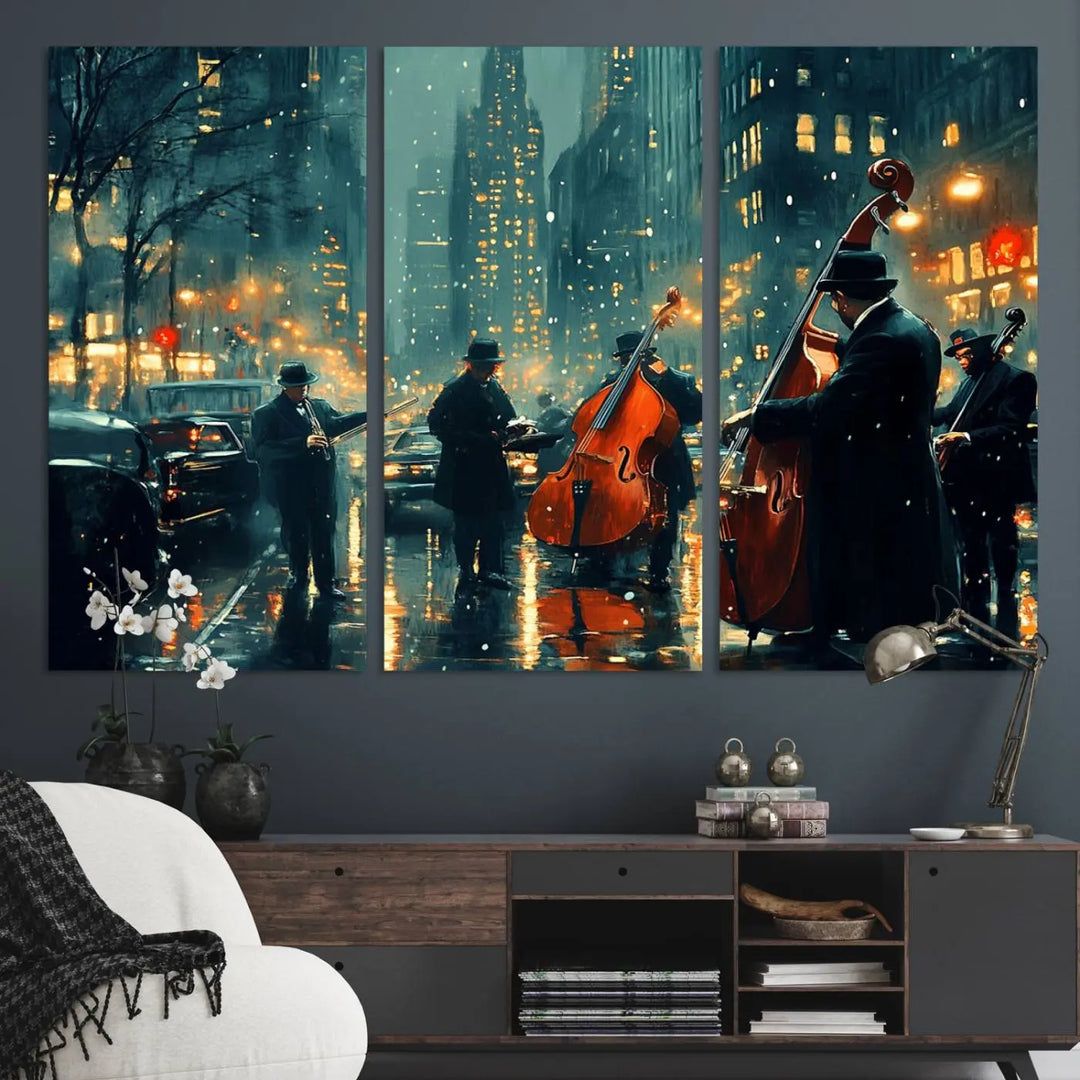 The African American Jazz Art Print portrays street musicians playing in the rain at night.