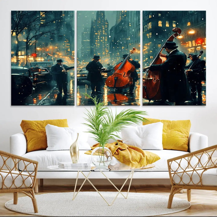 The African American Jazz Art Print portrays street musicians playing in the rain at night.