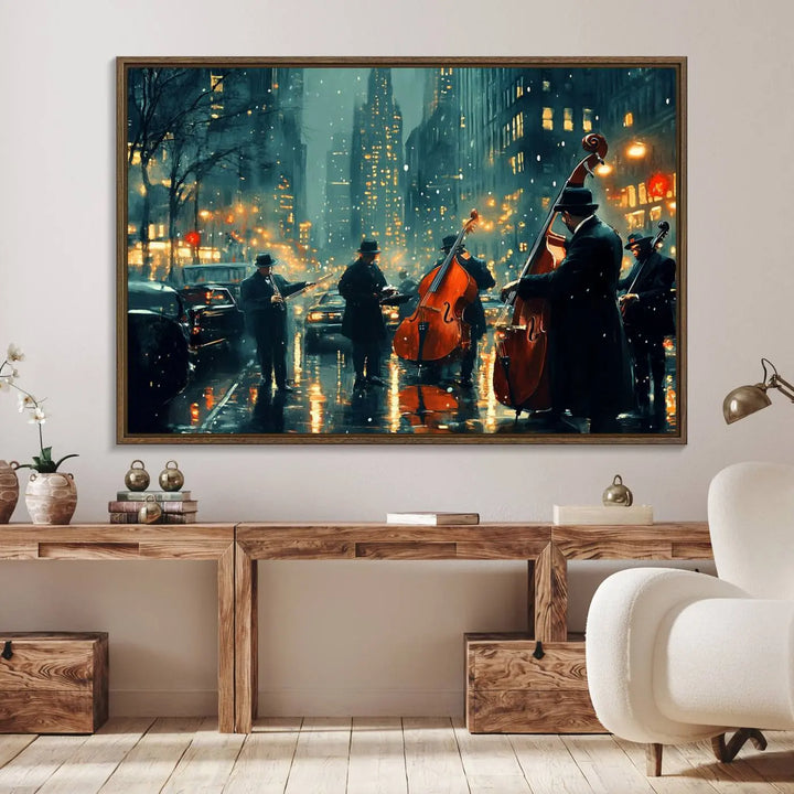 The African American Jazz Art Print portrays street musicians playing in the rain at night.