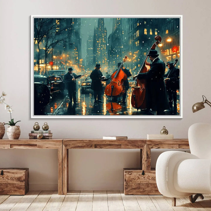 The African American Jazz Art Print portrays street musicians playing in the rain at night.