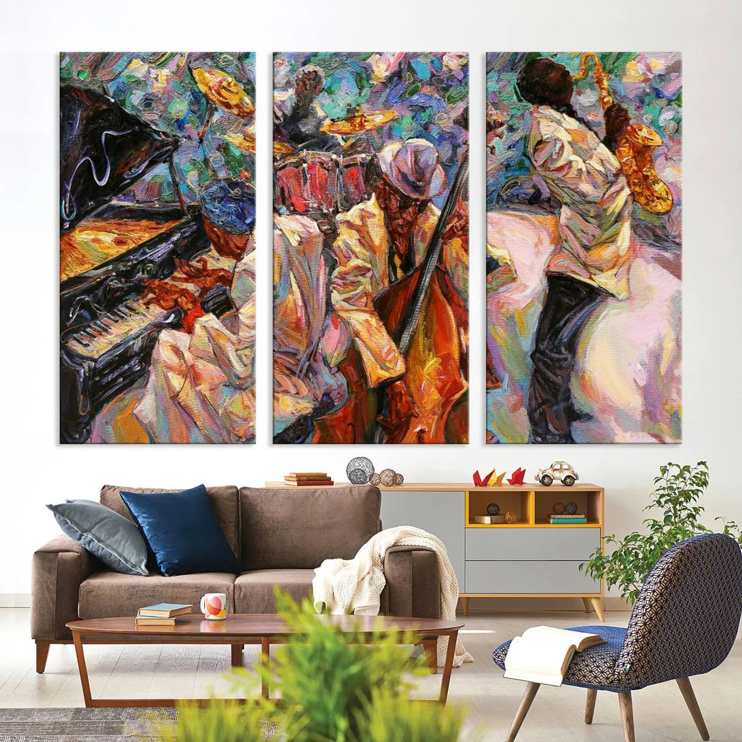 The African American Jazz Art Music Abstract Wall Art Painting Canvas Wall Art features vibrant images of jazz musicians playing the piano, upright bass, and saxophone.