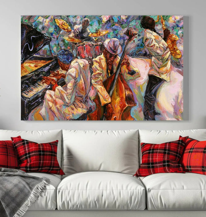 The African American Jazz Art Music Abstract Wall Art Painting Canvas Wall Art features vibrant images of jazz musicians playing the piano, upright bass, and saxophone.