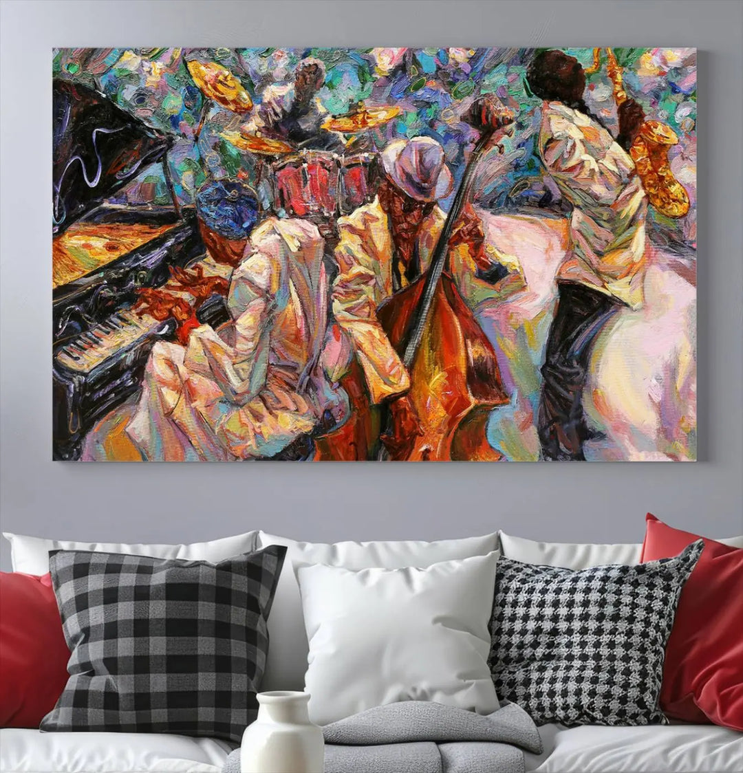 The African American Jazz Art Music Abstract Wall Art Painting Canvas Wall Art features vibrant images of jazz musicians playing the piano, upright bass, and saxophone.