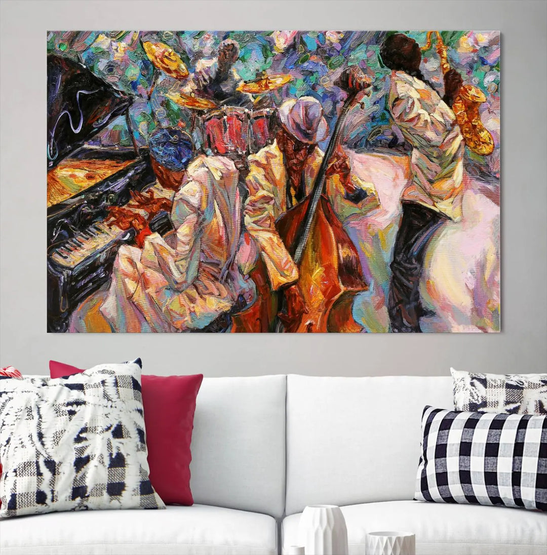 The African American Jazz Art Music Abstract Wall Art Painting Canvas Wall Art features vibrant images of jazz musicians playing the piano, upright bass, and saxophone.