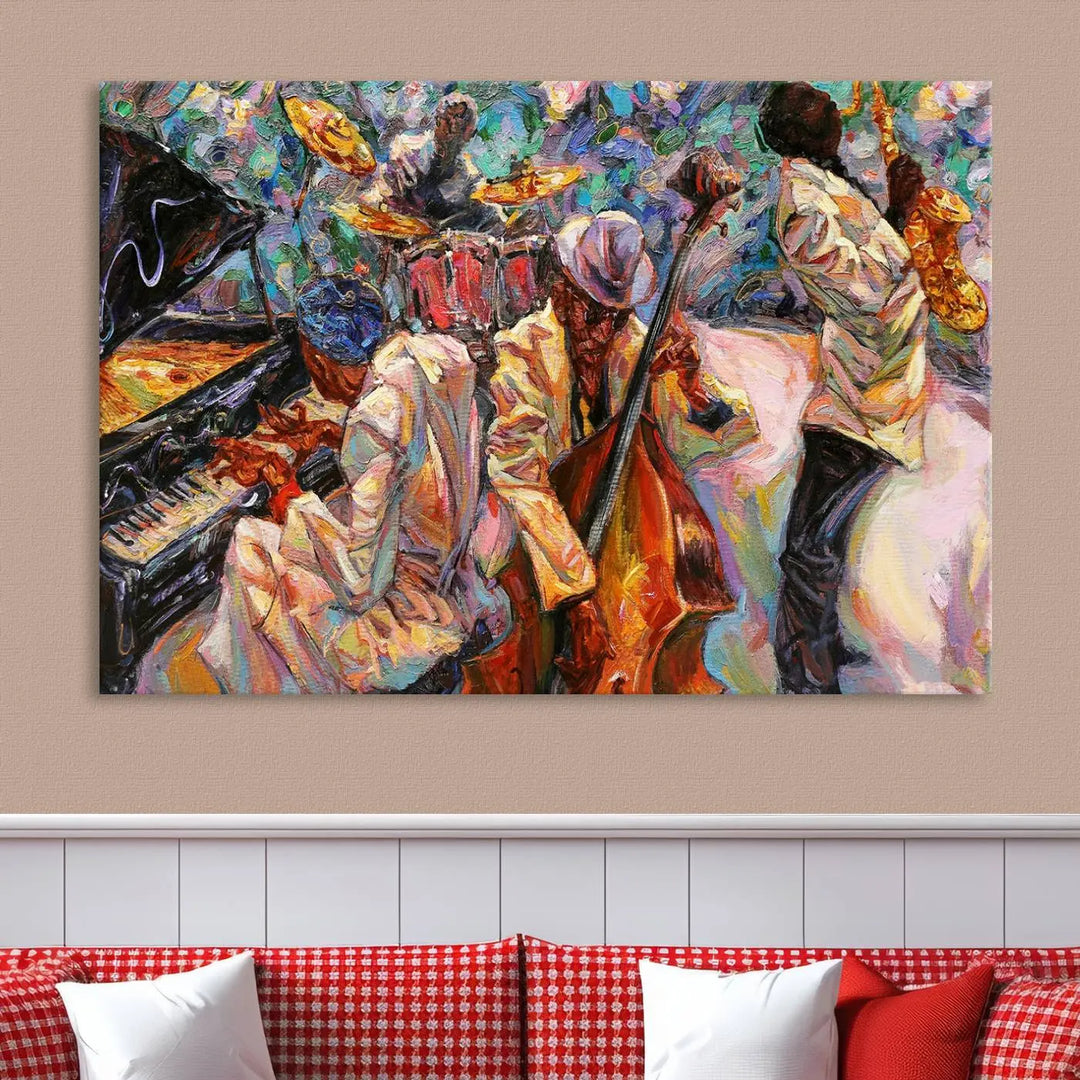 The African American Jazz Art Music Abstract Wall Art Painting Canvas Wall Art features vibrant images of jazz musicians playing the piano, upright bass, and saxophone.