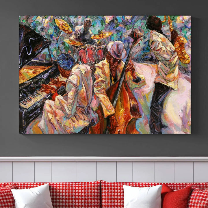 The African American Jazz Art Music Abstract Wall Art Painting Canvas Wall Art features vibrant images of jazz musicians playing the piano, upright bass, and saxophone.