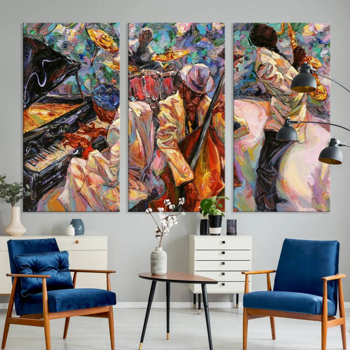 The African American Jazz Art Music Abstract Wall Art Painting Canvas Wall Art features vibrant images of jazz musicians playing the piano, upright bass, and saxophone.