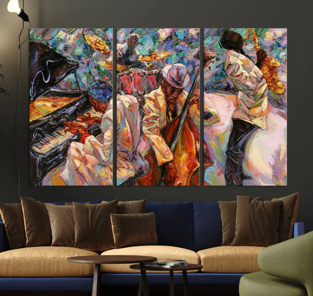 The African American Jazz Art Music Abstract Wall Art Painting Canvas Wall Art features vibrant images of jazz musicians playing the piano, upright bass, and saxophone.