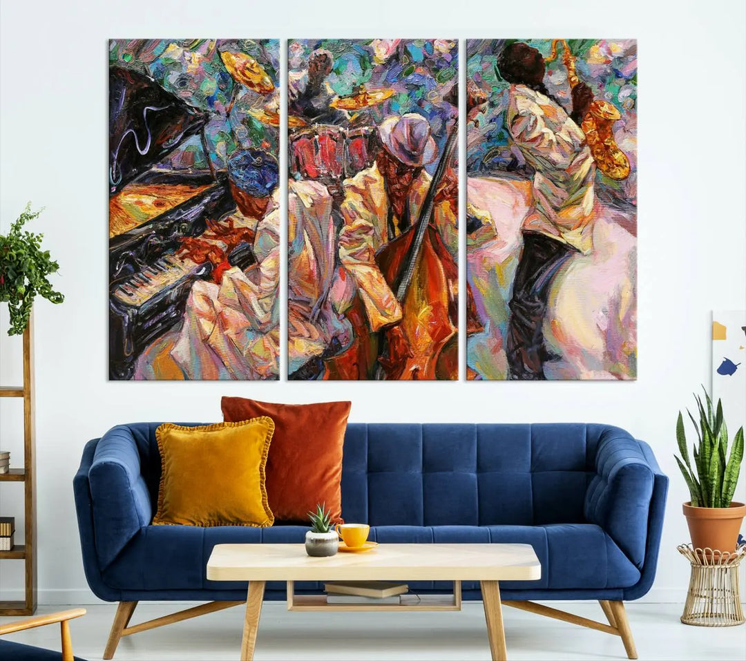 The African American Jazz Art Music Abstract Wall Art Painting Canvas Wall Art features vibrant images of jazz musicians playing the piano, upright bass, and saxophone.