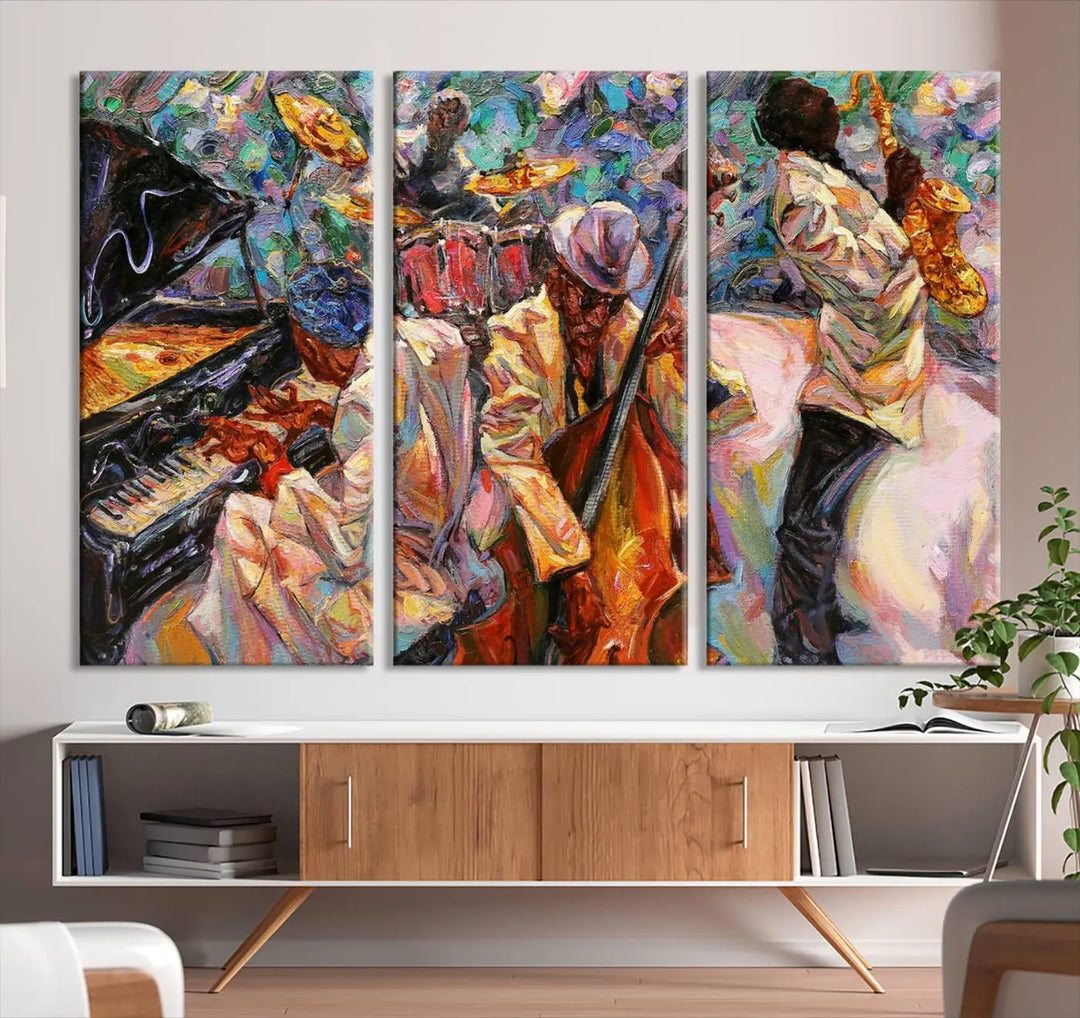 The African American Jazz Art Music Abstract Wall Art Painting Canvas Wall Art features vibrant images of jazz musicians playing the piano, upright bass, and saxophone.