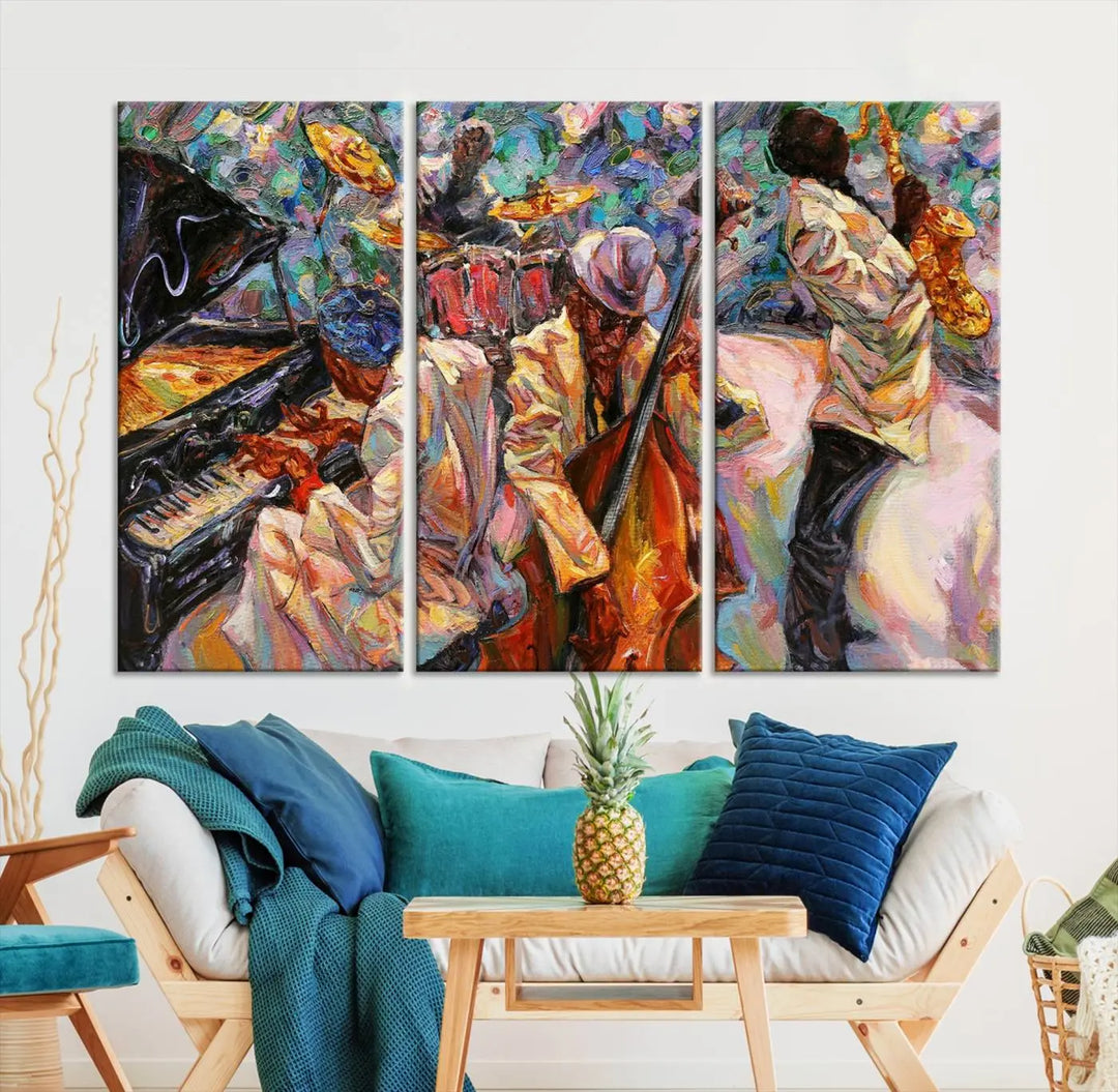 The African American Jazz Art Music Abstract Wall Art Painting Canvas Wall Art features vibrant images of jazz musicians playing the piano, upright bass, and saxophone.