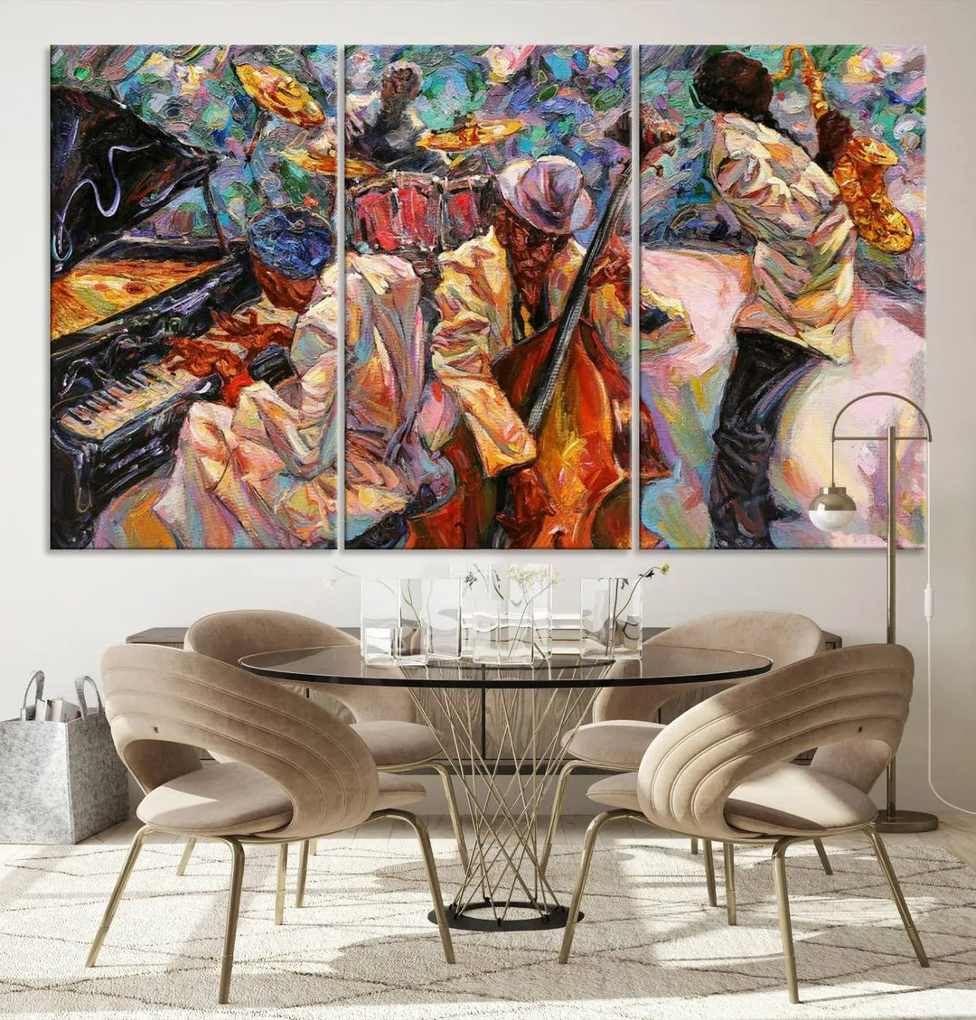 The African American Jazz Art Music Abstract Wall Art Painting Canvas Wall Art features vibrant images of jazz musicians playing the piano, upright bass, and saxophone.