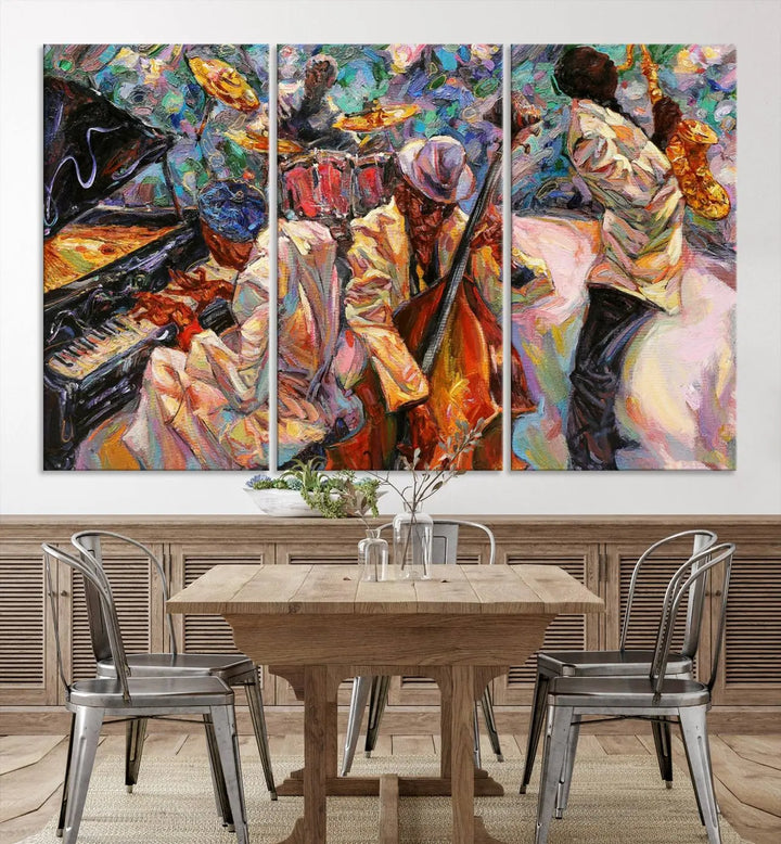 The African American Jazz Art Music Abstract Wall Art Painting Canvas Wall Art features vibrant images of jazz musicians playing the piano, upright bass, and saxophone.