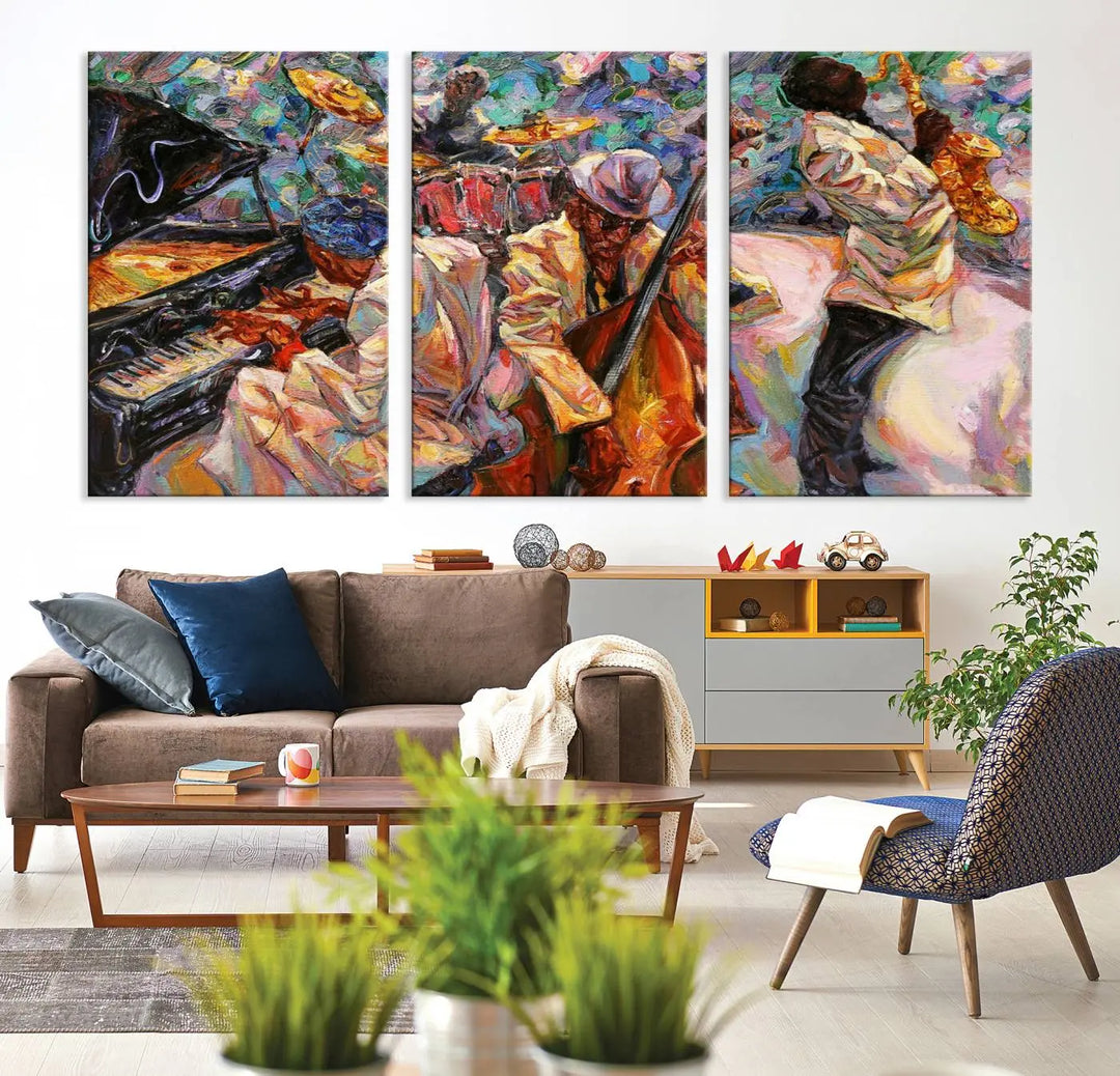 The African American Jazz Art Music Abstract Wall Art Painting Canvas Wall Art features vibrant images of jazz musicians playing the piano, upright bass, and saxophone.