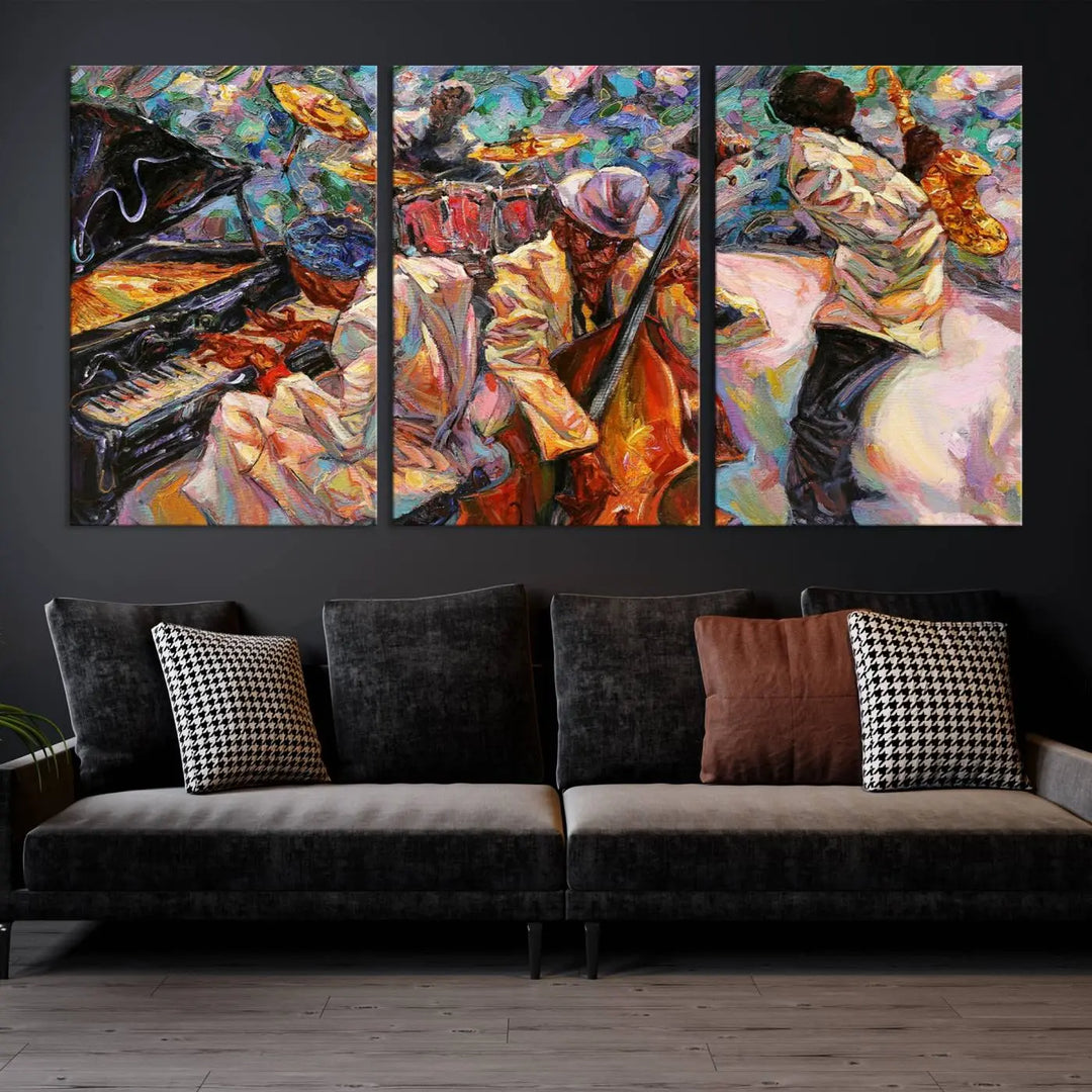 The African American Jazz Art Music Abstract Wall Art Painting Canvas Wall Art features vibrant images of jazz musicians playing the piano, upright bass, and saxophone.