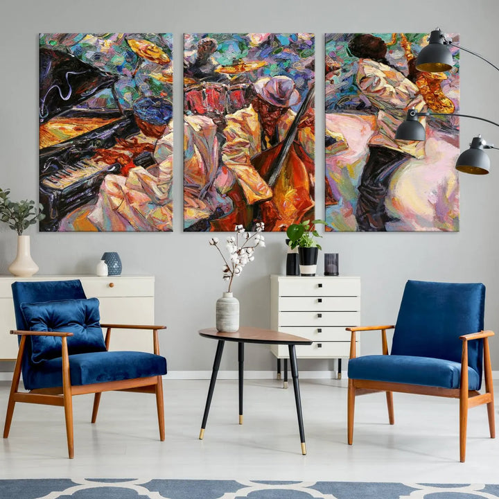 The African American Jazz Art Music Abstract Wall Art Painting Canvas Wall Art features vibrant images of jazz musicians playing the piano, upright bass, and saxophone.