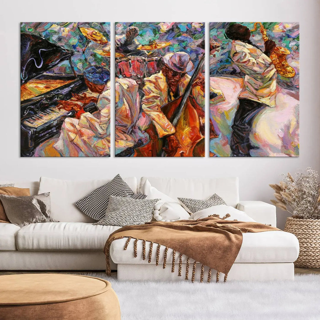 The African American Jazz Art Music Abstract Wall Art Painting Canvas Wall Art features vibrant images of jazz musicians playing the piano, upright bass, and saxophone.