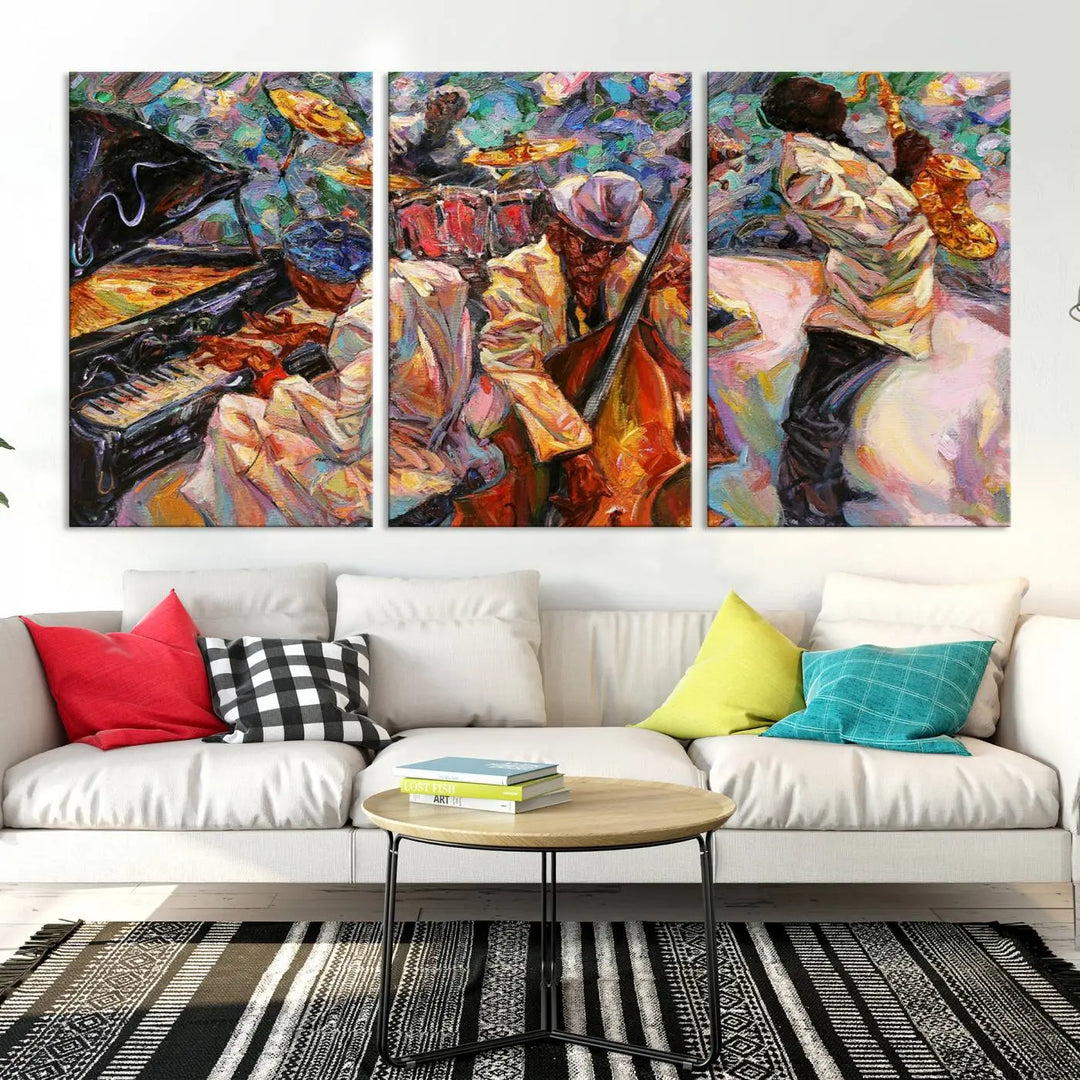 The African American Jazz Art Music Abstract Wall Art Painting Canvas Wall Art features vibrant images of jazz musicians playing the piano, upright bass, and saxophone.