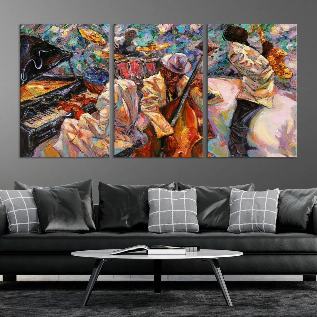 The African American Jazz Art Music Abstract Wall Art Painting Canvas Wall Art features vibrant images of jazz musicians playing the piano, upright bass, and saxophone.