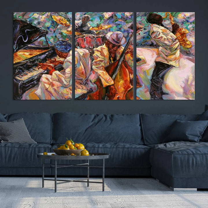 The African American Jazz Art Music Abstract Wall Art Painting Canvas Wall Art features vibrant images of jazz musicians playing the piano, upright bass, and saxophone.