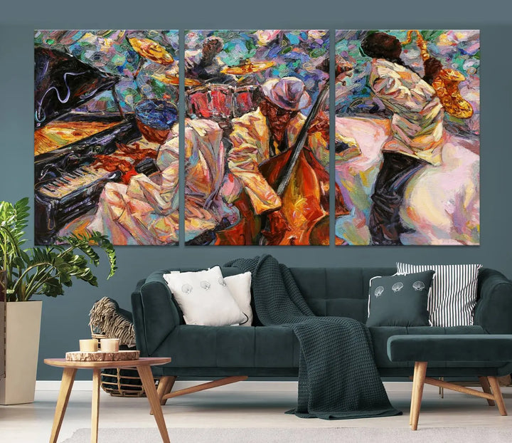 The African American Jazz Art Music Abstract Wall Art Painting Canvas Wall Art features vibrant images of jazz musicians playing the piano, upright bass, and saxophone.