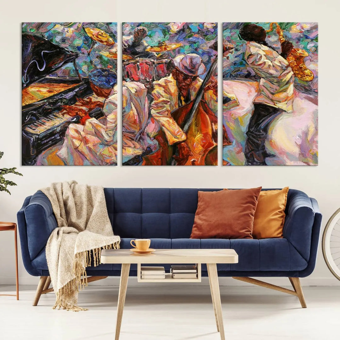 The African American Jazz Art Music Abstract Wall Art Painting Canvas Wall Art features vibrant images of jazz musicians playing the piano, upright bass, and saxophone.