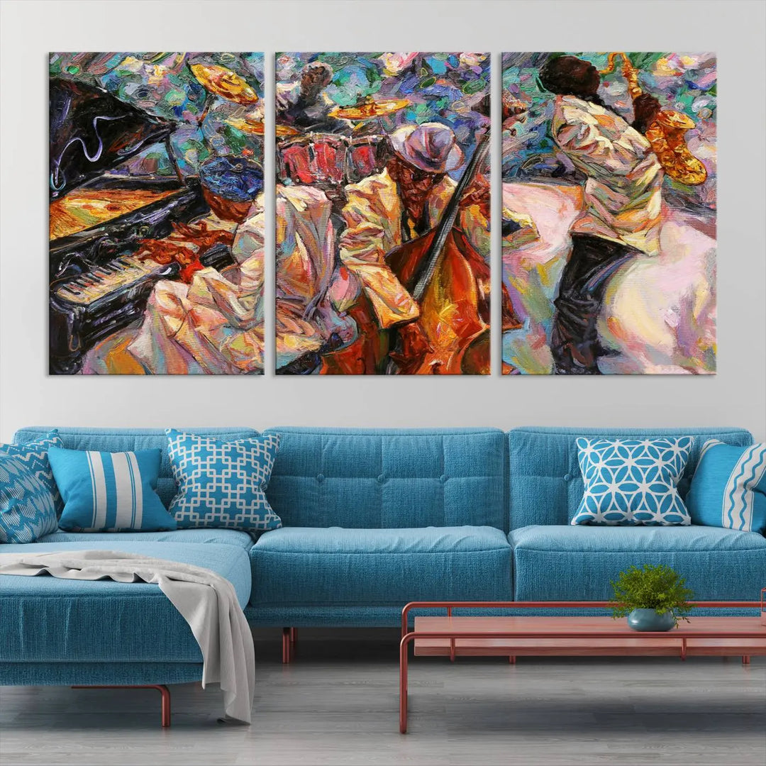 The African American Jazz Art Music Abstract Wall Art Painting Canvas Wall Art features vibrant images of jazz musicians playing the piano, upright bass, and saxophone.