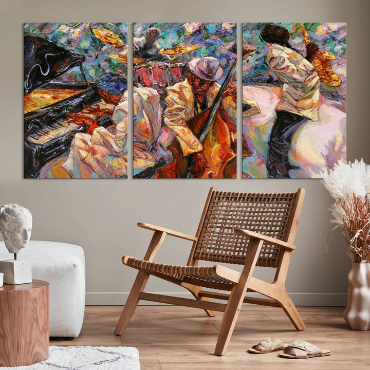 The African American Jazz Art Music Abstract Wall Art Painting Canvas Wall Art features vibrant images of jazz musicians playing the piano, upright bass, and saxophone.