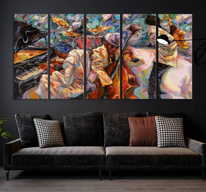 The African American Jazz Art Music Abstract Wall Art Painting Canvas Wall Art features vibrant images of jazz musicians playing the piano, upright bass, and saxophone.