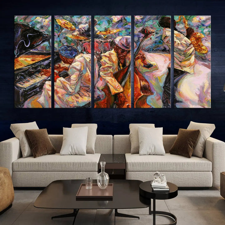 The African American Jazz Art Music Abstract Wall Art Painting Canvas Wall Art features vibrant images of jazz musicians playing the piano, upright bass, and saxophone.